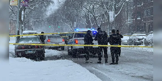 Officers investigate a shooting in Chicago last month despite heavy snowfall impacting the city.