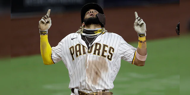 San Diego Padres' Fernando Tatis Jr. reacts after hitting a two-run home run during the fifth inning of a baseball game against the Los Angeles Dodgers Wednesday, Aug. 5, 2020, in San Diego. (Associated Press)