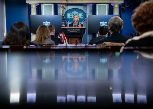 Dr. Anthony S. Fauci, the president’s chief medical adviser, briefing reporters at the White House last month.