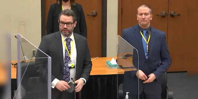 In this image taken from video, defense attorney Eric Nelson, left, and defendant former Minneapolis police officer Derek Chauvin, right, introduce themselves to potential jurors as Hennepin County Judge Peter Cahill presides, prior to continuing jury selection, Monday, March 15, 2021, in the trial of Chauvin, at the Hennepin County Courthouse in Minneapolis, Minn. (Court TV, Pool via AP)