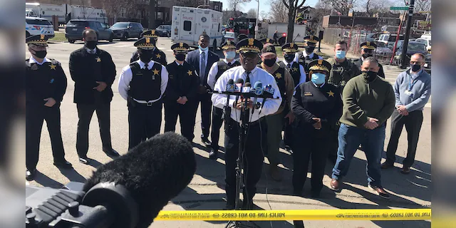 Chicago Police hold a press conference regarding the shooting of a police officer on March 20, 2021 (Chicago Police Superintendent David O. Brown Twitter)