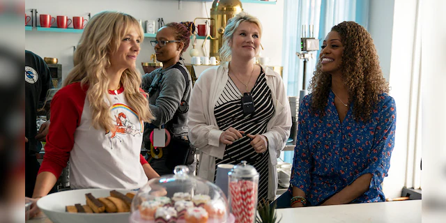 This image released by Focus Features shows Carey Mulligan, left, Emerald Fennell and Laverne Cox on the set of "Promising Young Woman." (Focus Features via AP)
