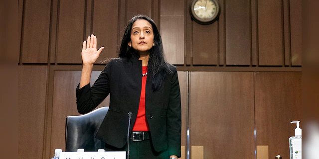 Vanita Gupta, nominated to be Associate Attorney General, is sworn in before a hearing of the Senate Judiciary Committee on Capitol Hill, Tuesday, March 9, 2021, in Washington. (AP Photo/Alex Brandon)
