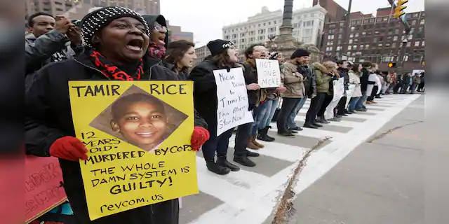 This 2014 photo shows demonstrators blocking Public Square in Cleveland during a protest over the police shooting of 12-year-old Tamir Rice. (AP)
