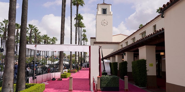 A view of the red carpet appears before the start of the Oscars on Sunday, April 25, 2021, at Union Station in Los Angeles.