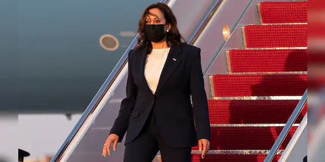 Vice President Kamala Harris exits Air Force Two, Tuesday, April 6, 2021, on arrival at Andrews Air Force Base, Md., as she returns to Washington from Chicago. (AP Photo/Jacquelyn Martin)