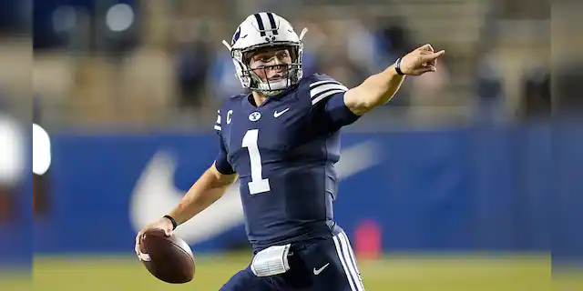 BYU quarterback Zach Wilson (1) looks downfield in the first half during an NCAA college football game against Texas State Saturday, Oct. 24, 2020, in Provo, Utah. (AP Photo/Rick Bowmer)