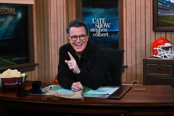 Stephen Colbert during a Super Bowl Special on Feb. 7, filmed from a smaller studio without a live audience.