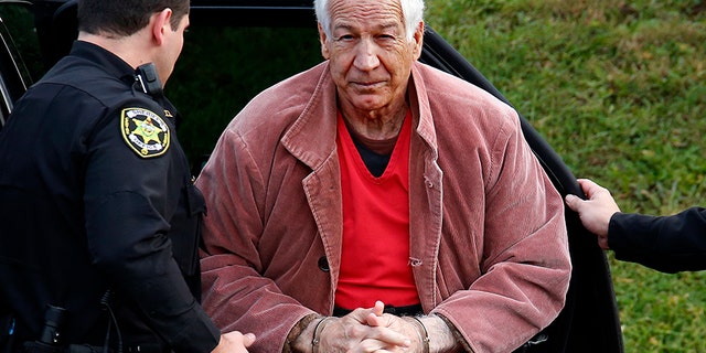 Former Penn State University assistant football coach Jerry Sandusky arrives for an appeal hearing at the Centre County Courthouse in Bellefonte, Pennsylvania, Oct. 29, 2015. 