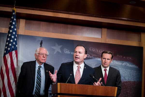 Senators Bernie Sanders, Mike Lee and Christopher S. Murphy spoke at a news conference in 2018. The three lawmakers proposed a bill on Tuesday that would reign in presidential war powers.