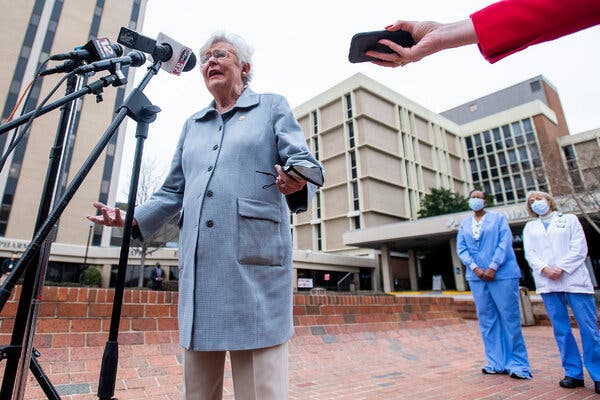 Gov. Kay Ivey of Alabama after receiving her second vaccine shot in Montgomery, in January. Alabama currently has the nation’s lowest vaccination rate.