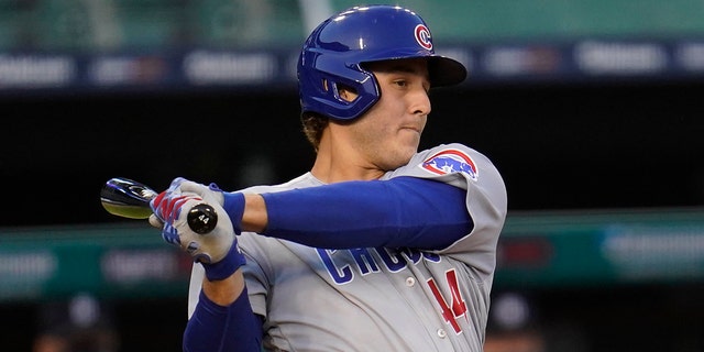 Chicago Cubs' Anthony Rizzo hits a one-run single in the third inning of a baseball game against the Detroit Tigers in Detroit, Wednesday, Aug. 26, 2020. (AP Photo/Paul Sancya)