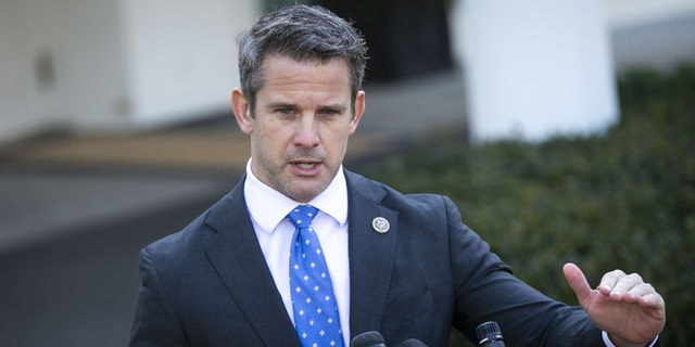 Rep. Adam Kinzinger, R-Ill., speaks to members of the media following a meeting with President Trump outside the White House in Washington, D.C., on Wednesday, March 6, 2019. (Al Drago/Bloomberg via Getty Images)