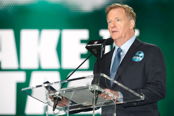 N.F.L. commissioner Roger Goodell in Cleveland in April. Mr. Goodell sent a memo to all 32 teams on Thursday, detailing drastic penalties for unvaccinated personnel.