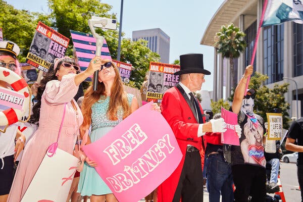 ‘Free Britney’ protestors gathering outside the Stanley Mosk Courthouse last week in Los Angeles.