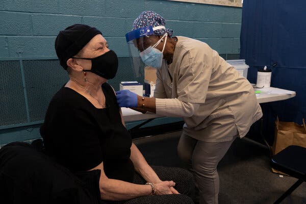 Antonia Aponte, 74, received the Moderna coronavirus vaccine at the Castle Hill Community Center in New York in February.