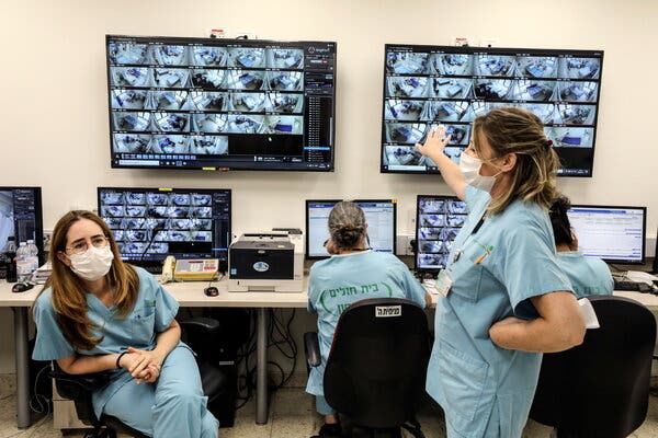 Inside a monitoring room observing Covid wards at Beilinson Hospital in Petah Tikva, Israel, on Wednesday.