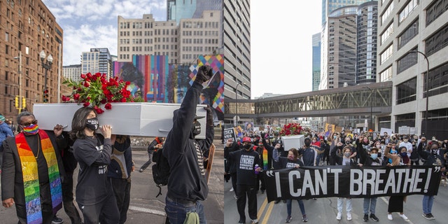 Protesters carry a fake casket during a silent march in memory of George Floyd a day before jury selection for the trial of former Minneapolis police offices Derek Chauvin begins in Minneapolis, Minnesota, United States on March 7, 2021.  (Christopher Mark Juhn/Anadolu Agency via Getty Images)