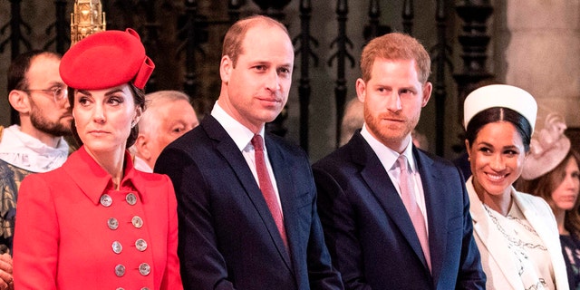 (L-R) Britain's Catherine, Duchess of Cambridge, Britain's Prince William, Duke of Cambridge, Britain's Prince Harry, Duke of Sussex, and Britain's Meghan, Duchess of Sussex attend the Commonwealth Day service at Westminster Abbey in London on March 11, 2019.