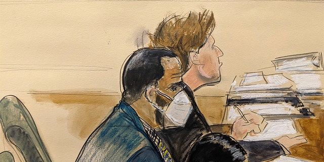 In this courtroom artist's sketch R. Kelly, left, listens during his trial in New York, Thursday, Aug. 26, 2021. The 54-year-old Kelly has repeatedly denied accusations that he preyed on several alleged victims during a 30-year career highlighted by his mega hit "I Believe I Can Fly." 