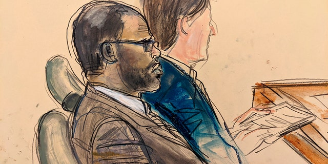 In this courtroom artist's sketch made from a video screen monitor of a Brooklyn courtroom, defendant R. Kelly, left, listens during the opening day of his trial, Wednesday, Aug. 18, 2021 in New York. The prosecutor described sex abuse claims against Kelly, saying the long-anticipated trial now underway was "about a predator" who used his fame to entice girls, boys and young women before dominating and controlling them physically, sexually and psychologically. 