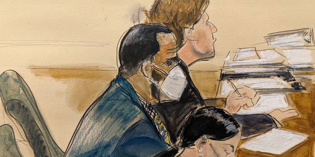 In this courtroom artist's sketch R. Kelly, left, listens during his trial in New York, Thursday, Aug. 26, 2021. The 54-year-old Kelly has repeatedly denied accusations that he preyed on several alleged victims during a 30-year career highlighted by his mega hit 'I Believe I Can Fly.'