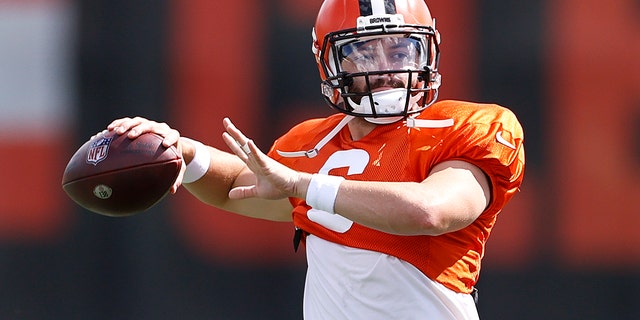 Cleveland Browns quarterback Baker Mayfield throws a pass during NFL football practice Wednesday, Sept. 1, 2021, in Berea, Ohio. (AP Photo/Ron Schwane)