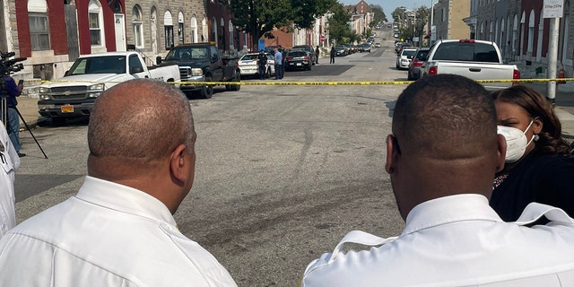 Baltimore Police Commissioner Michael Harrison is on the scene of a double shooting involving juvenile victims in the city on Sept. 13, 2021. (Baltimore Police)