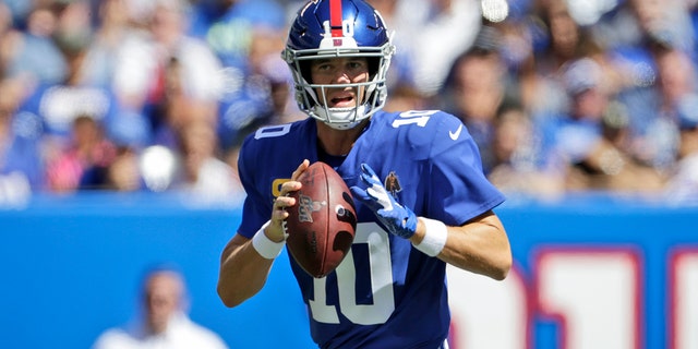 New York Giants quarterback Eli Manning looks to throw during the first half of an NFL football game against the Buffalo Bills, Sunday, Sept. 15, 2019, in East Rutherford, N.J. 