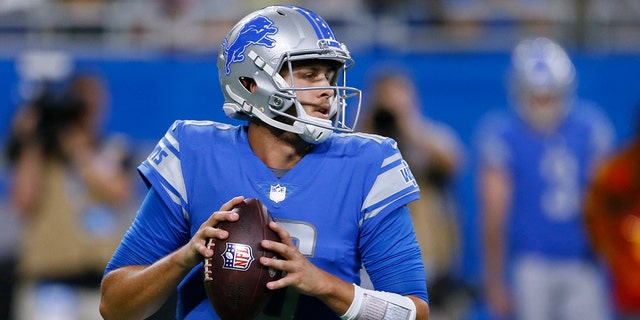 In this Aug. 13, 2021, file photo, Detroit Lions quarterback Jared Goff drops back to pass during the first half of the team's preseason NFL football game against the Buffalo Bills in Detroit. The Lions made a lot of changes in the offseason by bringing in a new general manager, coach and quarterback. General manager Brad Holmes and coach Dan Campbell might be able to eventually turn the team around, but it's difficult to envision that happening this season with quarterback Goff and a defense that might not be better than last year's historically bad unit. (AP Photo/Duane Burleson, File)