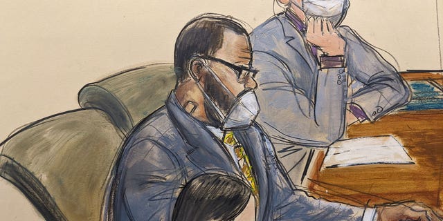 In this courtroom sketch, R. Kelly, center, sits with his defense attorneys Thomas Farinella, top, and Nicole Blank Becker during the first day of his defense in his sex trafficking case, Monday, Sept. 20, 2021, in New York.