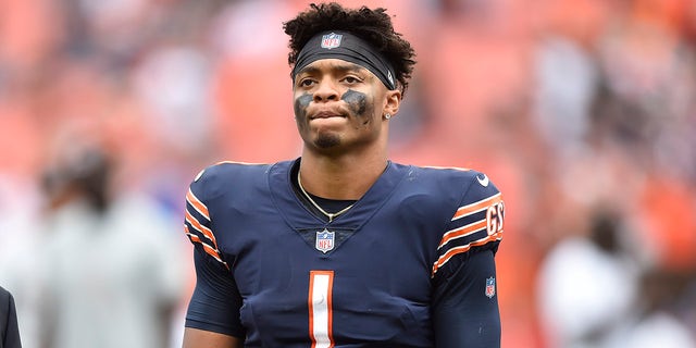Chicago Bears quarterback Justin Fields (1) walks off the field after the Cleveland Browns defeated the Bears in an NFL football game, Sunday, Sept. 26, 2021, in Cleveland.
