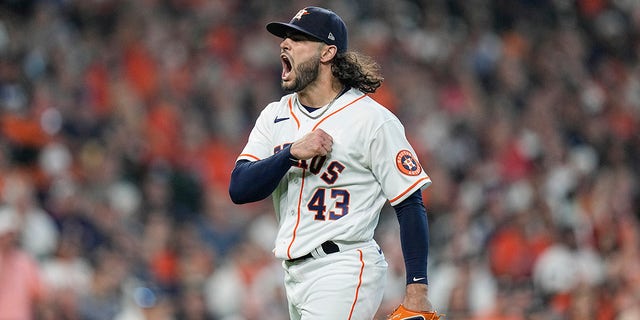 Houston Astros starting pitcher Lance McCullers Jr. reacts after he got the Chicago White Sox's Adam Engel to ground out to end the top of the fifth inning in Game 1 of a baseball American League Division Series Thursday, Oct. 7, 2021, in Houston.