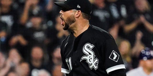 Ryan Tepera #51 of the Chicago White Sox reacts in the fifth inning during Game 3 of the ALDS between the Houston Astros and the Chicago White Sox at Guaranteed Rate Field on Sunday, October 10, 2021 in Chicago, Illinois.