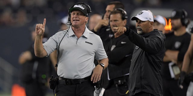 Oakland Raiders head coach Jon Gruden (left) and special teams coordinator Rich Bisaccia watch from the sidelines against the Green Bay Packers in the second half at Investors Group Field on Aug 22, 2019. The Raiders defeated the Packers 22-21.