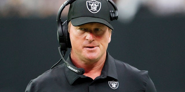 Head coach John Gruden of the Las Vegas Raiders reacts during the first half against the Chicago Bears at Allegiant Stadium on October 10, 2021 in Las Vegas, Nevada.