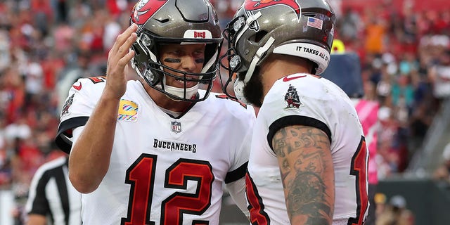 Tampa Bay Buccaneers quarterback Tom Brady (12) celebrates with wide receiver Mike Evans (13) after Evans couaght a touchdown pass during the first half of an NFL football game against the Chicago Bears Sunday, Oct. 24, 2021, in Tampa, Fla. (AP Photo/Mark LoMoglio)