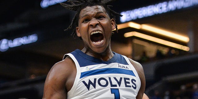 Minnesota Timberwolves forward Anthony Edwards reacts during the second quarter against the New Orleans Pelicans Oct. 4, 2021, at Target Center in Minneapolis, Minnesota.