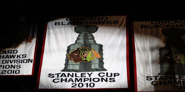 The 2010 Stanley Cup Championship banner during a ceremony before the Chicago Blackhawks' season home-opening game against the Detroit Red Wings at the United Center on Oct. 9, 2010, in Chicago, Illinois.