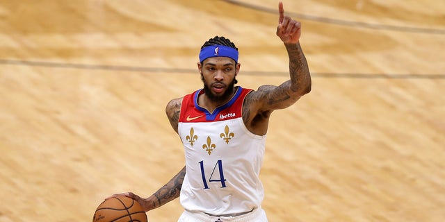 New Orleans Pelicans forward Brandon Ingram gestures in the third quarter against the Golden State Warriors May 4, 2021, at the Smoothie King Center in New Orleans, Louisiana.