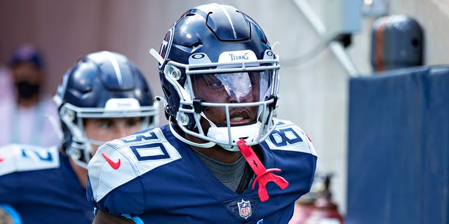 Chester Rogers #80 of the Tennessee Titans jogs onto the field before a NFL Preseason game against the Chicago Bears at Nissan Stadium on August 28, 2021 in Nashville, Tennessee.  The Bears defeated the Titans 27-24.
