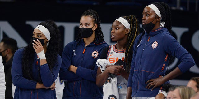 Connecticut Sun players watch during the final seconds in Game 4 of a WNBA basketball playoff semifinal against the Chicago Sky on Wednesday, Oct. 6, 2021, in Chicago. Chicago won 79-69.