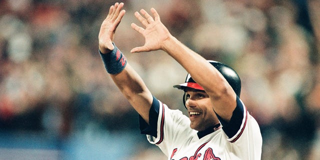 David Justice of the Atlanta Braves during Game Two of the World Series against the Cleveland Indians on Oct. 22, 1995 at Atlanta-Fulton County Stadium in Atlanta, Georgia.