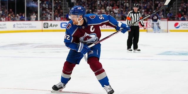 Colorado Avalanche left wing Gabriel Landeskog (92) prepares to take a shot on goal in the second period against the Chicago Blackhawks Oct. 13, 2021, at Ball Arena in Denver.