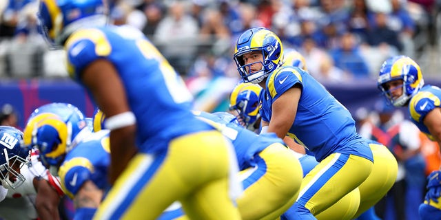 Matthew Stafford #9 of the Los Angeles Rams in action against the New York Giants during a game at MetLife Stadium on October 17, 2021 in East Rutherford, New Jersey.