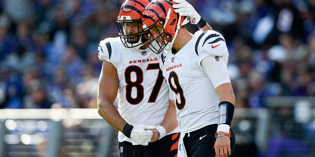 Cincinnati Bengals tight end C.J. Uzomah (87) and quarterback Joe Burrow (9) react after they connected for a touchdown pass during the second half of an NFL football game, Sunday, Oct. 24, 2021, in Baltimore.
