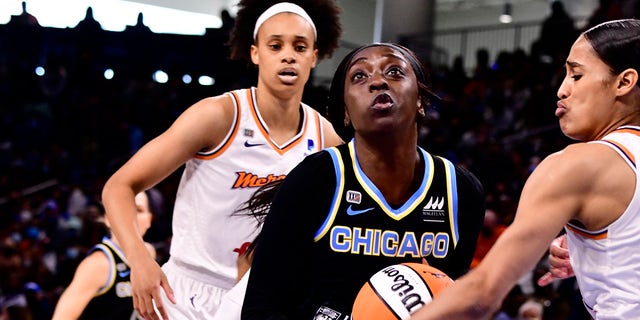 Kahleah Copper (2) of the Chicago Sky drives to the basket against the Phoenix Mercury during Game 4 of the 2021 WNBA Finals on Oct. 17, 2021 at the Wintrust Arena in Chicago, Ill.