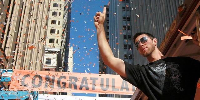 Madison Bumgarner of the San Francisco Giants celebrates during the Giants' vicotry parade on Nov. 3, 2010 in San Francisco, California. Thousands of Giants fans lined the streets of San Francisco to watch the San Francisco Giants celebrate their 2010 World Series victory over the Texas Rangers. 