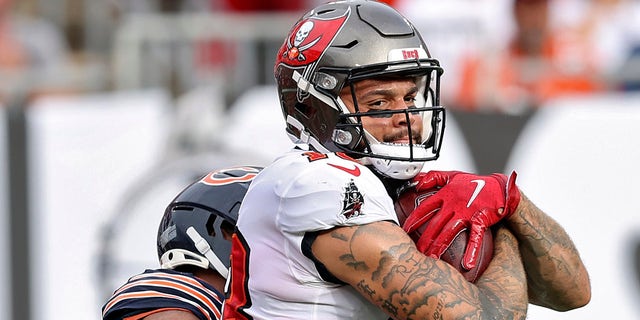 Tampa Bay Buccaneers wide receiver Mike Evans (13) pulls in quarterback Tom Brady's 600th career touchdown pass during the first half against the Chicago Bears Sunday, Oct. 24, 2021, in Tampa, Fla.