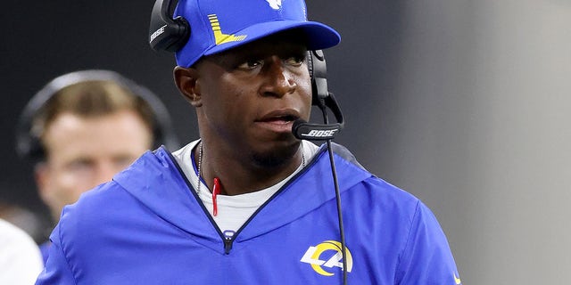 Defensive coordinator Raheem Morris, on the sidelines during a 34-14 win over the Chicago Bears at SoFi Stadium on September 12, 2021 in Inglewood, California.